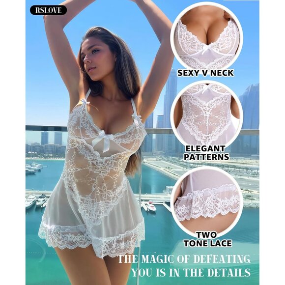 Women White Lingerie Lace Babydoll Mesh Chemise Sleepwear Bridal Nightdress - Picture 3 of 5